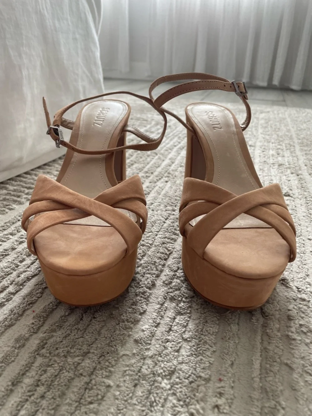 Schutz Keefa Tan Nubuck Leather Platform Block Heel Sandals Size 8.5